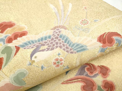 平和屋着物●太鼓柄袋帯　綴れ　更紗花鳥文　金糸　正絹　逸品　CABD5984hy