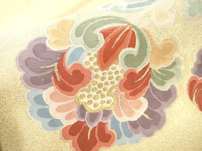 平和屋着物●太鼓柄袋帯　綴れ　更紗花鳥文　金糸　正絹　逸品　CABD5984hy