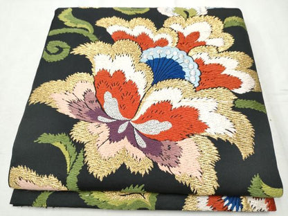 平和屋着物●六通柄　本袋帯　唐織　更紗花文　黒地　金糸　正絹　逸品　CABD5986hy