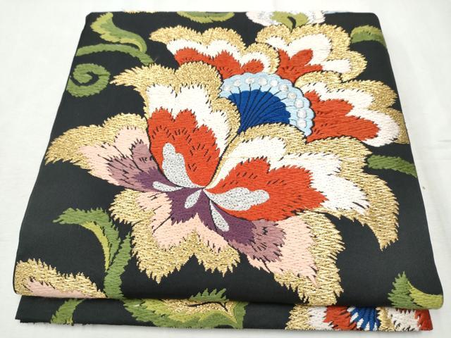 平和屋着物●六通柄　本袋帯　唐織　更紗花文　黒地　金糸　正絹　逸品　CABD5986hy
