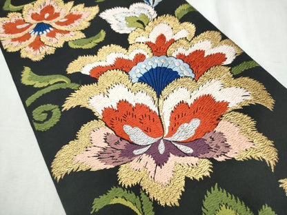 平和屋着物●六通柄　本袋帯　唐織　更紗花文　黒地　金糸　正絹　逸品　CABD5986hy