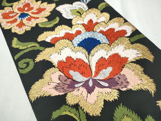平和屋着物●六通柄　本袋帯　唐織　更紗花文　黒地　金糸　正絹　逸品　CABD5986hy