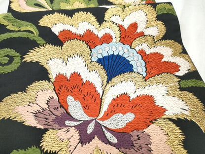 平和屋着物●六通柄　本袋帯　唐織　更紗花文　黒地　金糸　正絹　逸品　CABD5986hy