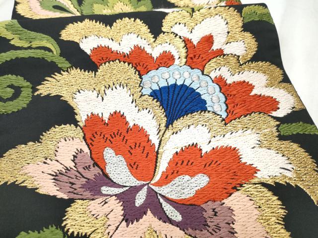 平和屋着物●六通柄　本袋帯　唐織　更紗花文　黒地　金糸　正絹　逸品　CABD5986hy