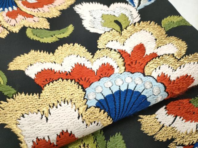 平和屋着物●六通柄　本袋帯　唐織　更紗花文　黒地　金糸　正絹　逸品　CABD5986hy