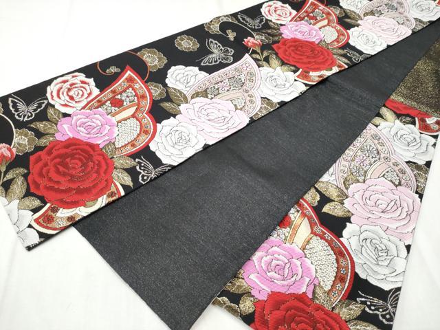 平和屋着物●六通柄袋帯　薔薇　花蝶文　黒地　金銀糸　正絹　逸品　CABD5990hy
