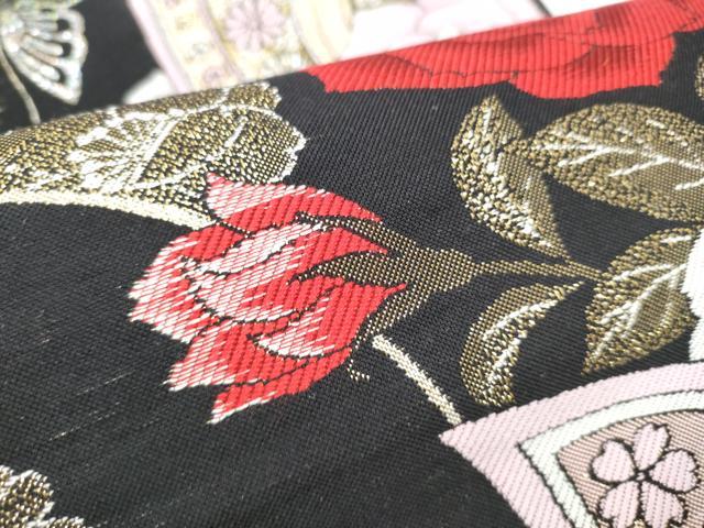 平和屋着物●六通柄袋帯　薔薇　花蝶文　黒地　金銀糸　正絹　逸品　CABD5990hy