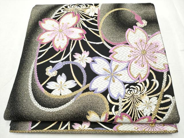 平和屋着物●六通柄袋帯　唐織　舞花文　黒地　金糸　　正絹　逸品　CABD5992hy