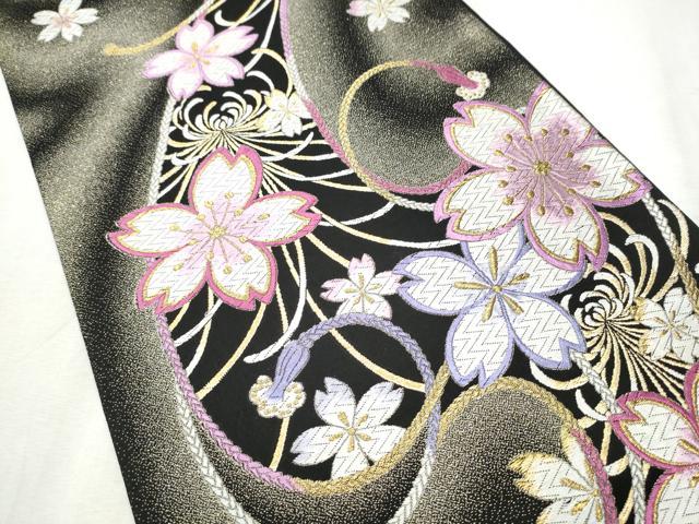 平和屋着物●六通柄袋帯　唐織　舞花文　黒地　金糸　　正絹　逸品　CABD5992hy