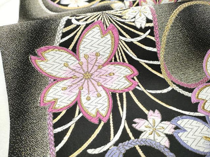 平和屋着物●六通柄袋帯　唐織　舞花文　黒地　金糸　　正絹　逸品　CABD5992hy