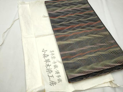 平和屋着物▽本場筑前博多織 草木染 手織工房 染匠：小森久 両面 全通柄袋帯 スリーシーズン 春夏秋 よろけ縞 たとう紙付 逸品 CABD5996hy