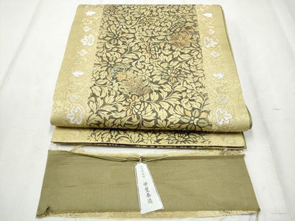 平和屋着物●螺鈿作家　甲斐泰造　全通柄袋帯　草花文　金彩　反端付き　正絹　逸品　未使用　CABD6000hy