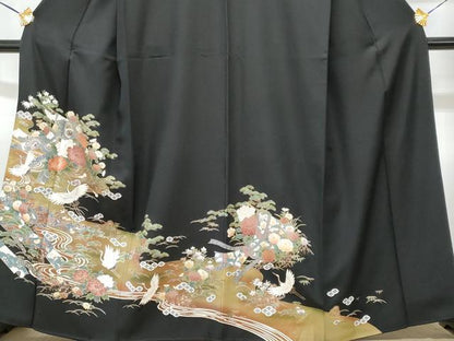 平和屋着物■豪華黒留袖 飛鶴几帳流水花文 暈し染め 金銀彩 正絹 逸品 CABD6032fb