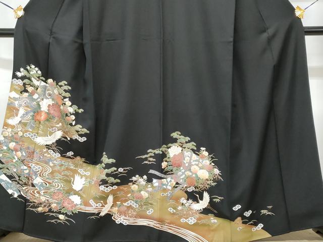 平和屋着物■豪華黒留袖 飛鶴几帳流水花文 暈し染め 金銀彩 正絹 逸品 CABD6032fb
