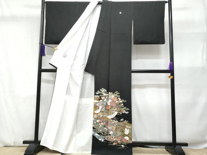 平和屋着物■豪華黒留袖 飛鶴几帳流水花文 暈し染め 金銀彩 正絹 逸品 CABD6032fb