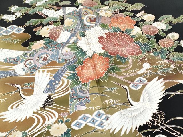 平和屋着物■豪華黒留袖 飛鶴几帳流水花文 暈し染め 金銀彩 正絹 逸品 CABD6032fb
