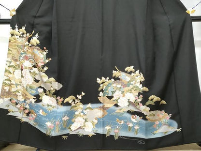 平和屋着物■豪華黒留袖　几帳鴛鴦流水花文　金彩　正絹　逸品　CABD6071fb
