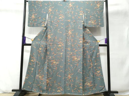 平和屋着物■上質な小紋　風景花文　鬼しぼ縮緬　正絹　逸品　CABD6093fb