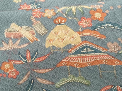 平和屋着物■上質な小紋　風景花文　鬼しぼ縮緬　正絹　逸品　CABD6093fb