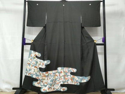平和屋着物■豪華黒留袖　駒刺繍　草花文　反端付き　正絹　逸品　CABD6146fb