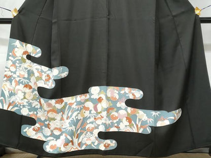 平和屋着物■豪華黒留袖　駒刺繍　草花文　反端付き　正絹　逸品　CABD6146fb
