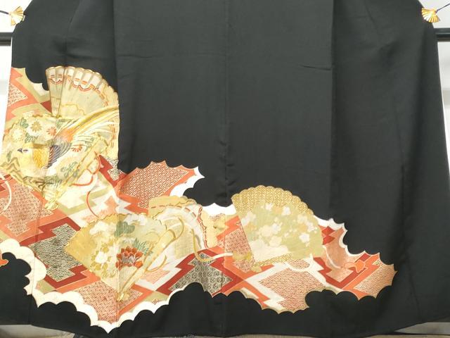 平和屋着物■豪華黒留袖　駒刺繍　尾長鳥檜扇花文　金彩　正絹　逸品　CABD6148fb