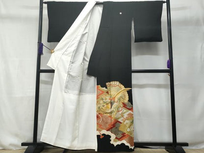 平和屋着物■豪華黒留袖　駒刺繍　尾長鳥檜扇花文　金彩　正絹　逸品　CABD6148fb