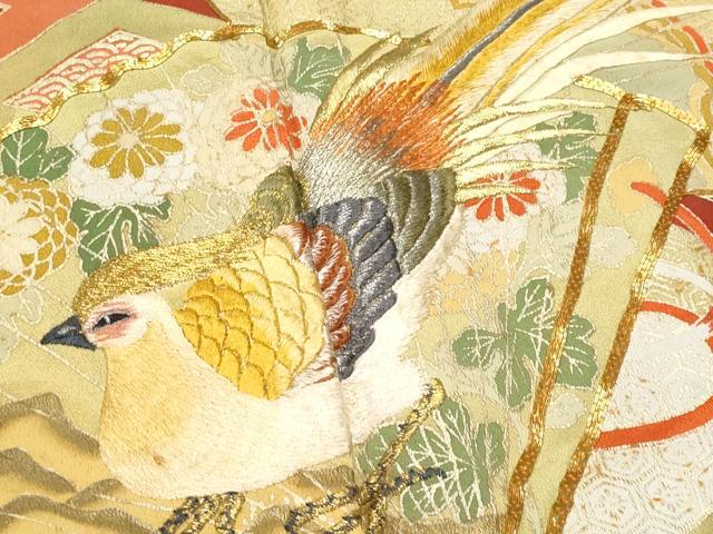 平和屋着物■豪華黒留袖　駒刺繍　尾長鳥檜扇花文　金彩　正絹　逸品　CABD6148fb