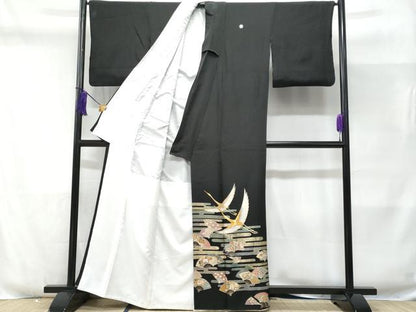 平和屋着物■豪華黒留袖 作家物 駒刺繍 エ霞扇面飛鶴吉祥花文 金彩 正絹 逸品 CABD6305fb