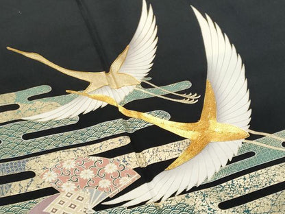 平和屋着物■豪華黒留袖 作家物 駒刺繍 エ霞扇面飛鶴吉祥花文 金彩 正絹 逸品 CABD6305fb