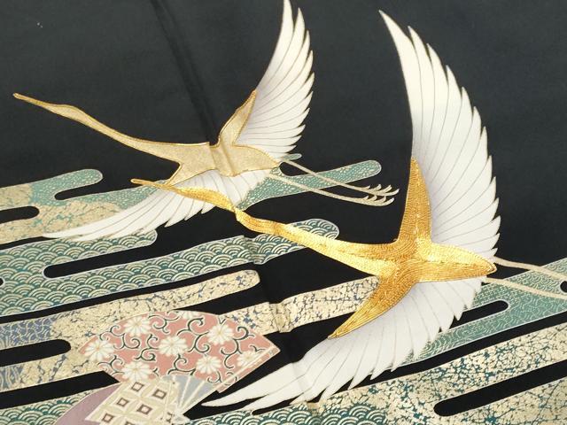 平和屋着物■豪華黒留袖 作家物 駒刺繍 エ霞扇面飛鶴吉祥花文 金彩 正絹 逸品 CABD6305fb