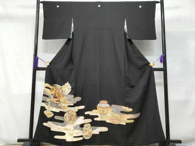 平和屋着物■豪華黒留袖 駒刺繍 エ霞陶器鳳凰花文 金彩 正絹 逸品 CABD6351fb