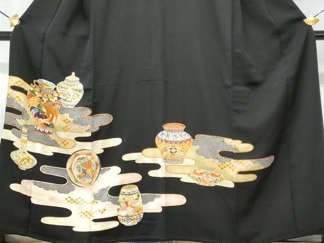 平和屋着物■豪華黒留袖 駒刺繍 エ霞陶器鳳凰花文 金彩 正絹 逸品 CABD6351fb