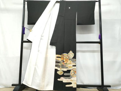 平和屋着物■豪華黒留袖 駒刺繍 エ霞陶器鳳凰花文 金彩 正絹 逸品 CABD6351fb