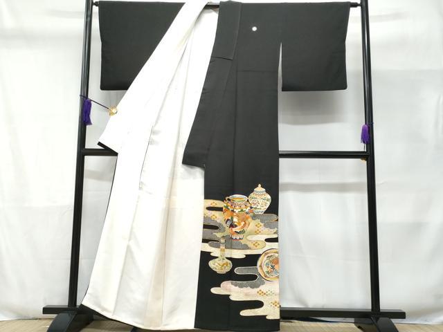 平和屋着物■豪華黒留袖 駒刺繍 エ霞陶器鳳凰花文 金彩 正絹 逸品 CABD6351fb