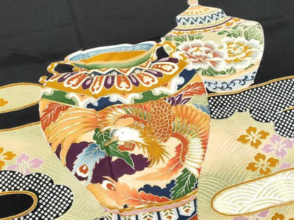平和屋着物■豪華黒留袖 駒刺繍 エ霞陶器鳳凰花文 金彩 正絹 逸品 CABD6351fb