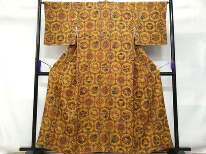 平和屋着物■上質な小紋 横段花鳥文 鬼しぼ縮緬 正絹 逸品 CABD6363fb