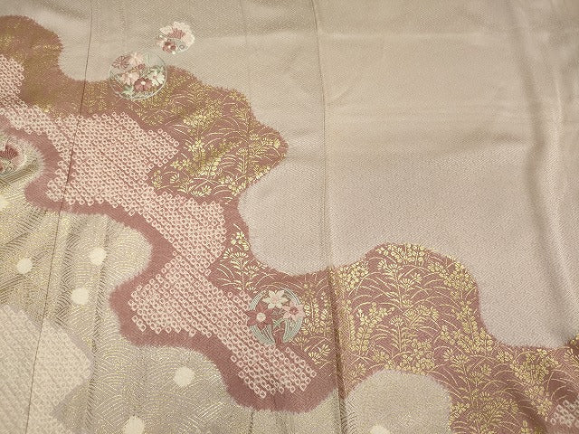 平和屋着物■訪問着　絞り　刺繍　舞蝶草花丸文　金彩　正絹　逸品　CABD6522oy