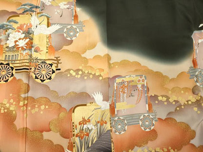 平和屋着物■豪華黒留袖 作家物 駒刺繍 雲取り飛鶴花松文 暈し染め 金彩 正絹 逸品 CABD6580oy