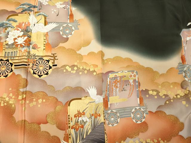 平和屋着物■豪華黒留袖 作家物 駒刺繍 雲取り飛鶴花松文 暈し染め 金彩 正絹 逸品 CABD6580oy