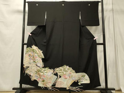 平和屋着物■豪華黒留袖 駒刺繍 桧扇花鳥松文 金彩 正絹 逸品 CABD6581oy