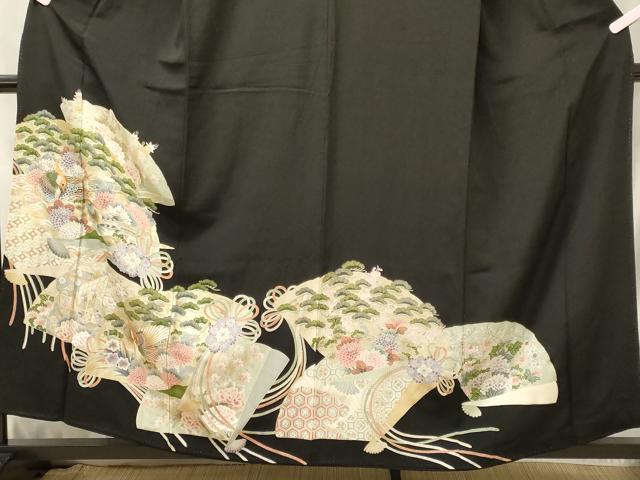 平和屋着物■豪華黒留袖 駒刺繍 桧扇花鳥松文 金彩 正絹 逸品 CABD6581oy