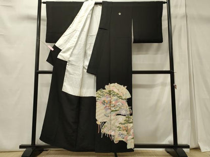 平和屋着物■豪華黒留袖 駒刺繍 桧扇花鳥松文 金彩 正絹 逸品 CABD6581oy