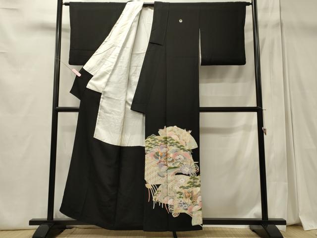 平和屋着物■豪華黒留袖 駒刺繍 桧扇花鳥松文 金彩 正絹 逸品 CABD6581oy