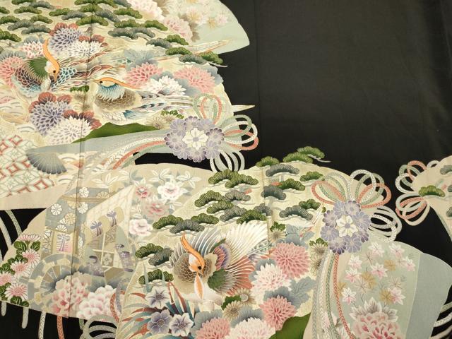 平和屋着物■豪華黒留袖 駒刺繍 桧扇花鳥松文 金彩 正絹 逸品 CABD6581oy