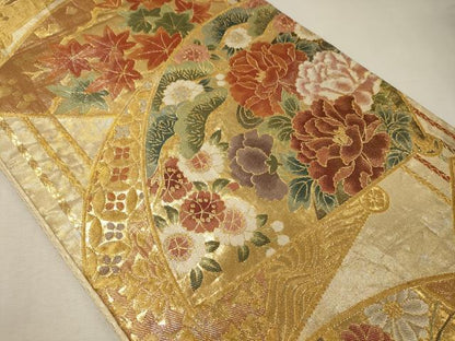 平和屋着物◎六通柄袋帯 扇面花松文 金銀糸 正絹 逸品 CABD6797oy