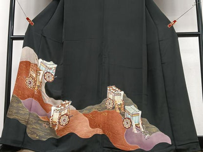 平和屋着物■豪華黒留袖　駒刺繍　御所車文　金彩　正絹　逸品　CABD6964xe