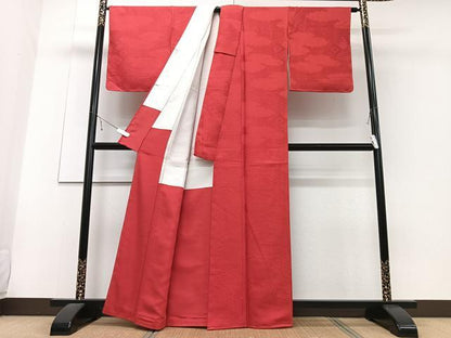 平和屋着物■上質な色無地 吉祥花地紋 臙脂色 正絹 逸品 未使用 CABD6977xe