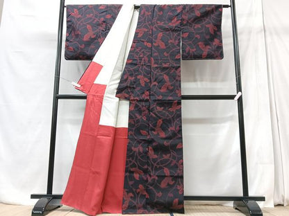 平和屋着物■上質な紬　蔦の葉文　黒地　正絹　逸品　CABD7142xe