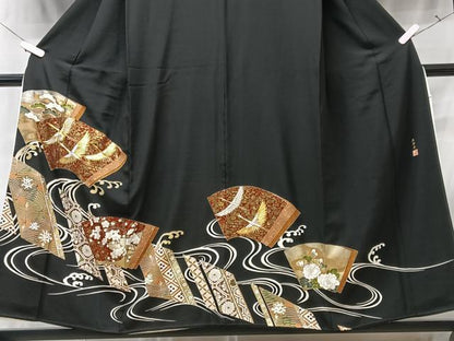 平和屋着物■豪華黒留袖 作家物 駒刺繍 流水地紙花鳥文 正絹 逸品 CABD7151xe